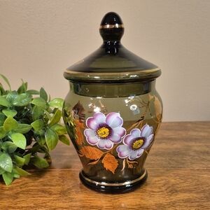 BOHEMIA CRYSTAL Glass Handpainted Floral Footed Lidded Jar Gold Tone Trim Leaves